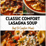 Close-up of hearty Lasagna Soup With Beef and noodles simmered in tomato marinara sauce with herbs.